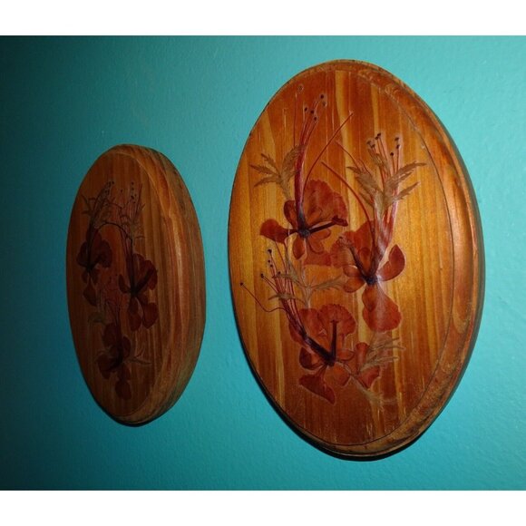 Vintage Two Oval Shaped Dried Pressed Flowers Wall Hanging Plaque farmhouse boho - Picture 8 of 9